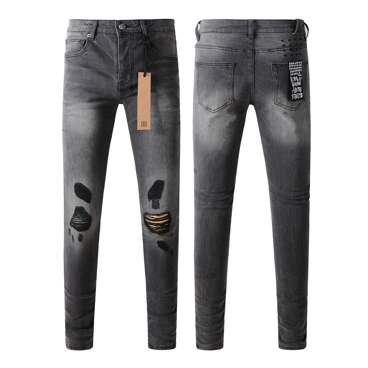 Urban Gray Ripped Jeans with Bold Black Graffiti Accents 3003