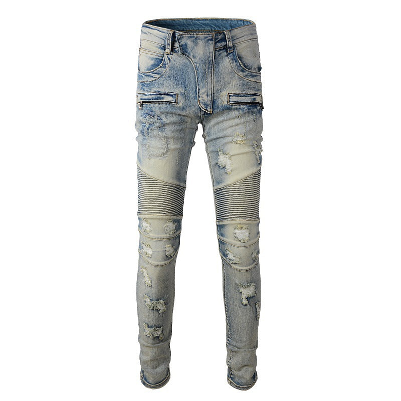 Hand-worn Beggar Style Old Slim-fitting Elastic Tide Brand Tailoring Locomotive Jeans 979