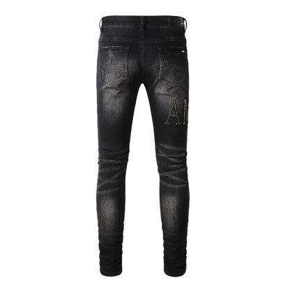 Black Jeans 8823 with Rhinestone Lettering and Distressed Design for International Markets