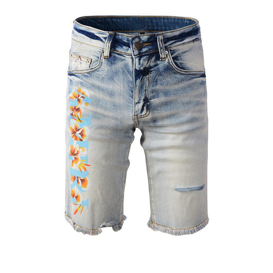 Trendy High Street Light Blue Digital Printing Elastic Slim Trendy Men's Short Jeans #847