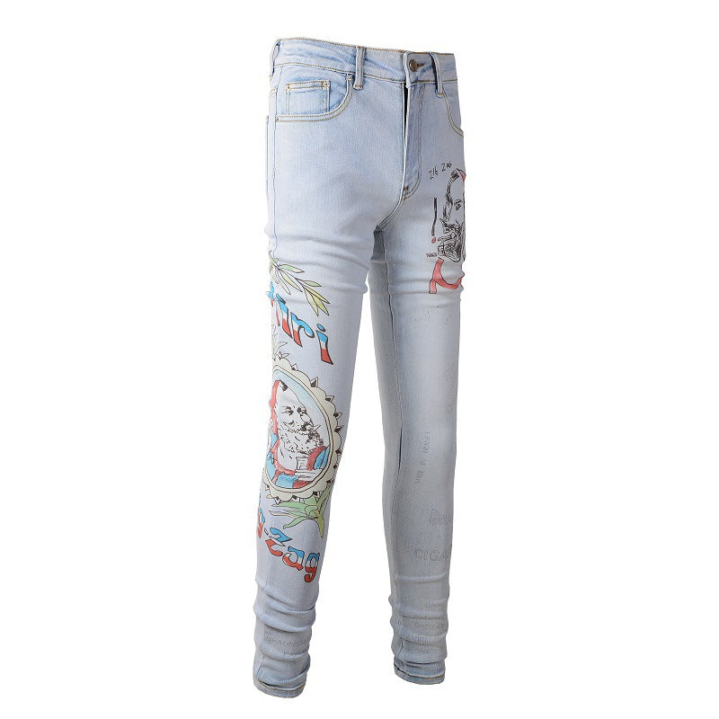 863 European and American Trendy Brand Digital Printing Jeans High-craftsmanship Elastic Slim-fitting Pants