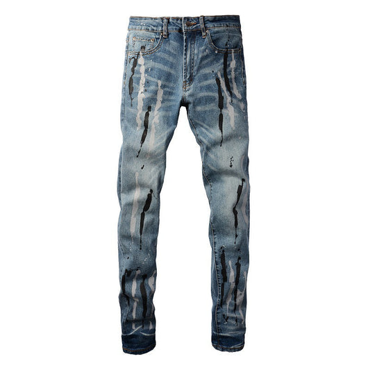 Fashion Trend Jeans Graffiti Flow Ink Ripped Jeans Stretch Slim Denim #6907