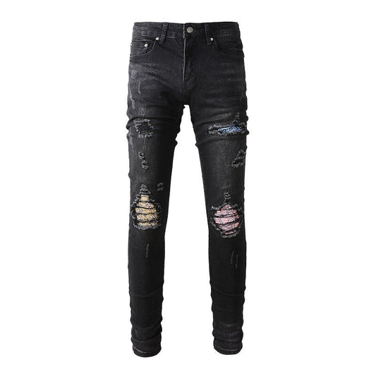 European and American Street Trendy Ripped Patch Jeans High Street Trendy Men's Slim Pants Denim #867