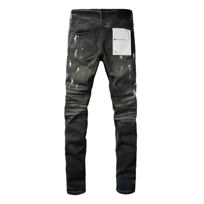 Mens Purple Ripped Jeans - Stylish Slim Fit Black Paint High Street Denim Pants 9036