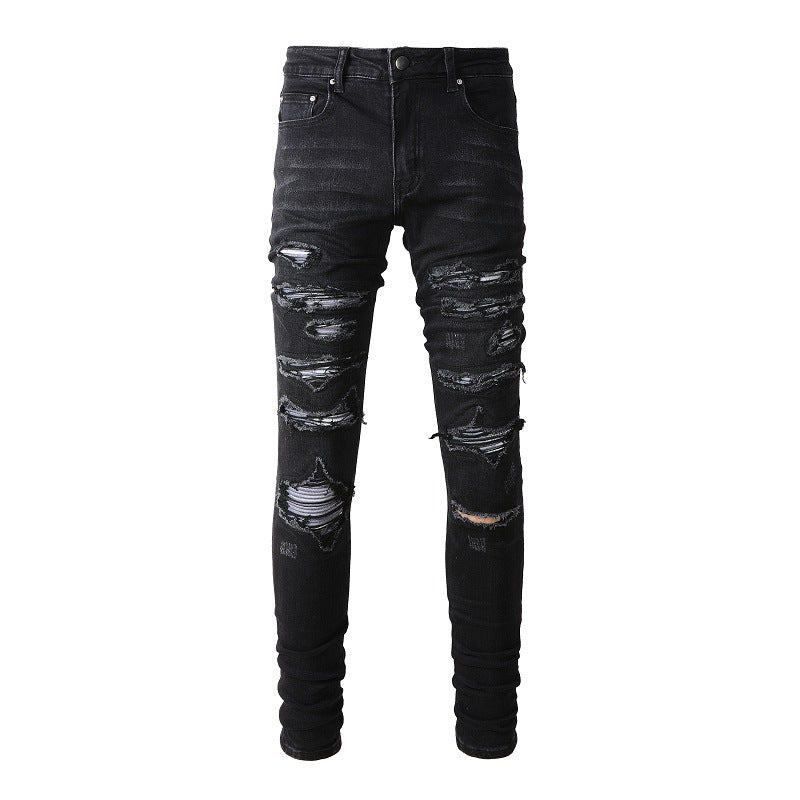 891 Slim Fit Stretch Black Washed Jeans with Versatile Faux Leather Accents