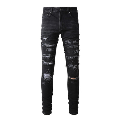 891 Slim Fit Stretch Black Washed Jeans with Versatile Faux Leather Accents