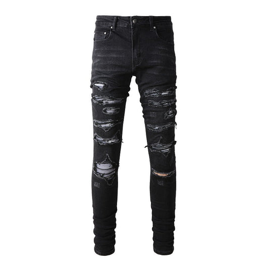 891 Slim Fit Stretch Black Washed Jeans with Versatile Faux Leather Accents