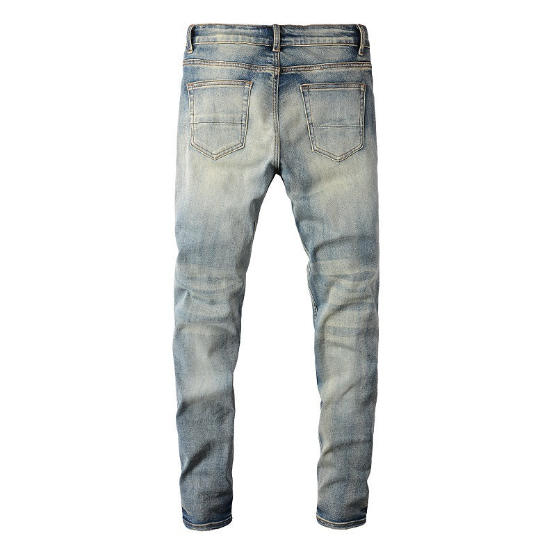 6806 High Street Trendy Brand Ripped Patch Jeans Vintage Men's Elastic Slim High Street Jeans