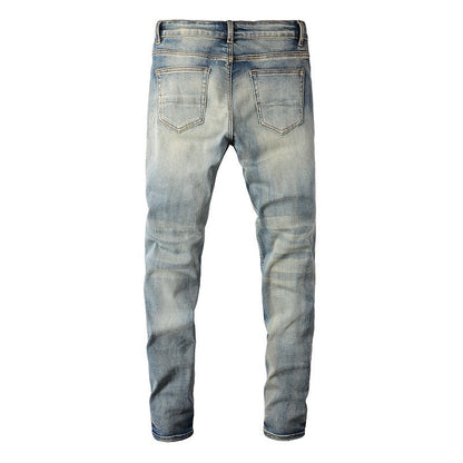 6806 High Street Trendy Brand Ripped Patch Jeans Vintage Men's Elastic Slim High Street Jeans