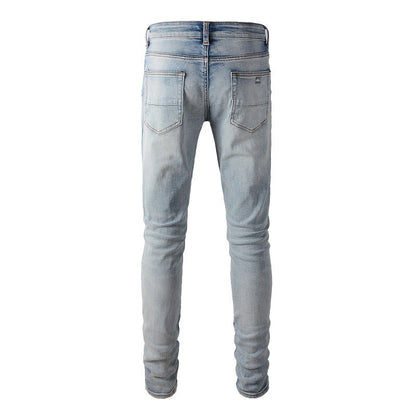 895 European and American Trendy High Street Daily Travel Light Blue Elastic Slim-fit Small-footed Jeans