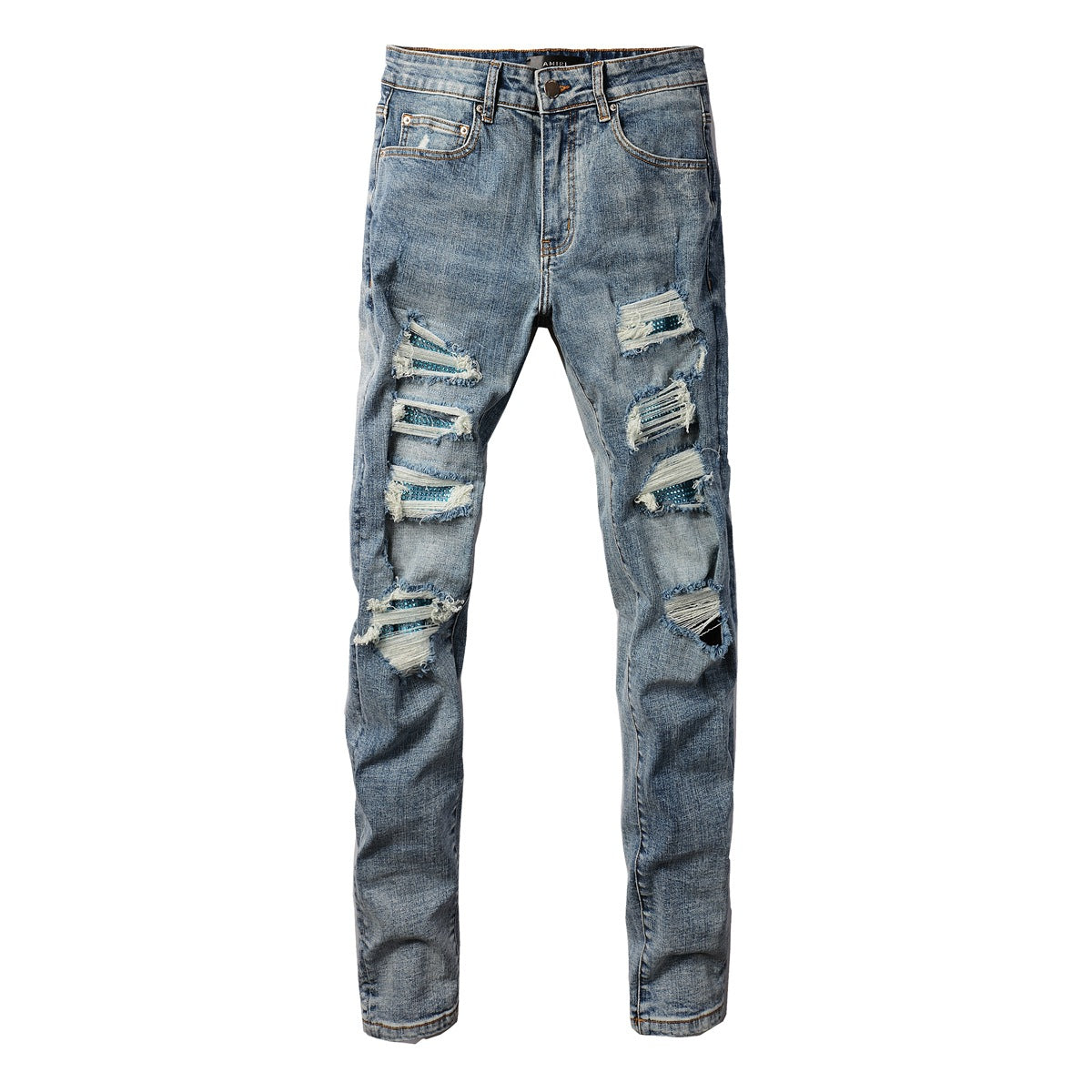 Fashionable Slim Fit Denim with a Washed Effect and Blue Rhinestone Embellishments 8835