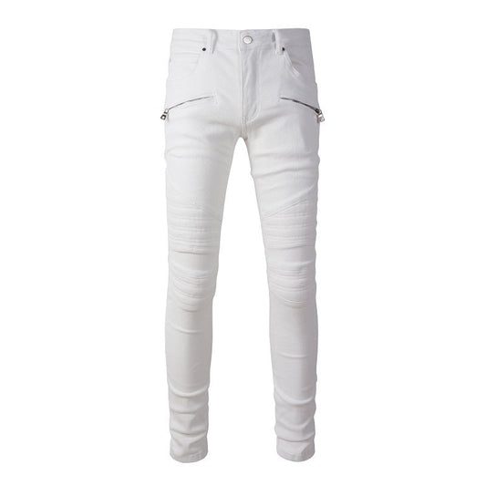 High Street Trendy Motorcycle Jeans Men's White Spliced Trousers Trendy Men #1100