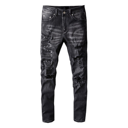 High Street Trendy Brand Ripped Retro Frayed Embroidery Stacked Slim Small Foot Jeans Men #698