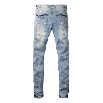 Trendy Brand Jeans Colorful Ink Splashing Graffiti Ripped Jeans Elastic Slim Denim #6901