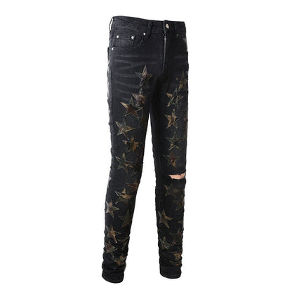 Ripped High Street Sticker Star Trend Jeans High Craftsmanship Elastic Slim Fit #873