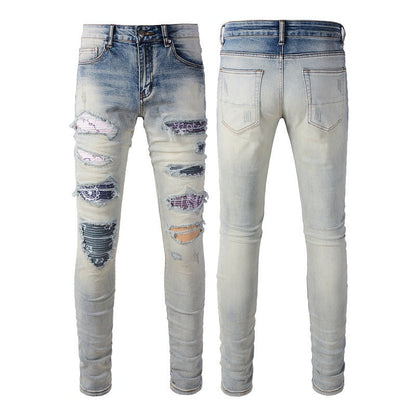 High Street Jeans Trendy Men's Ripped Patch Beggar Knee Jeans #1333