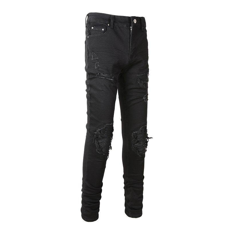 Men's Slim Fit Black Jeans with Wrinkled Details, Patches, and Ripped Design 602