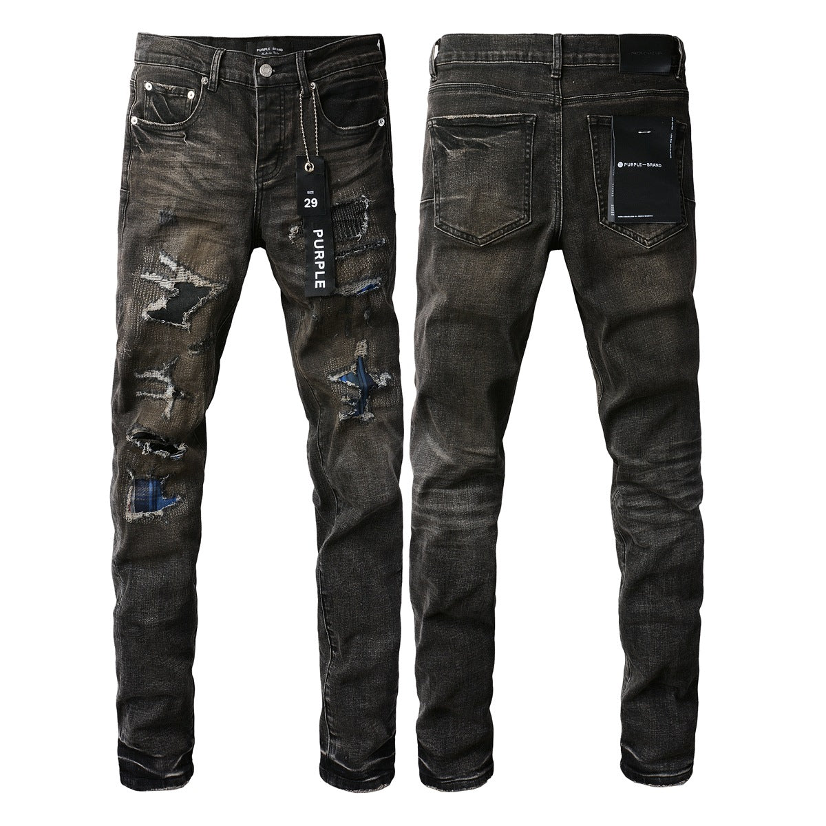 Chic Black Distressed Denim Pants 9080 Combining Rips and Patches for a Modern Style