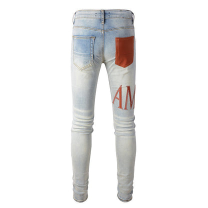 European and American Street Tide Ripped Patch Jeans High Street Tide Slim Pants Denim #840