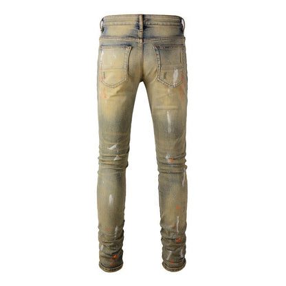 High Street Trendy Graffiti Ripped Patch Jeans Vintage Stretch Slim Jeans #6557