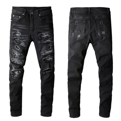 Men's Tight Fit Black Jeans with Paisley Patches and Distressed Details