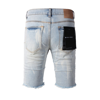 Trendy Blue Denim Shorts 5017 Featuring Wrinkled Texture and Classic Button Front