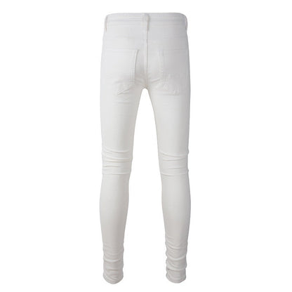 High Street Trendy Men's Slim-Fit Jeans Ripped Patch Trendy Brand Pants White Casual Jeans 2592