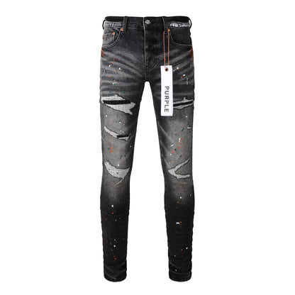 Mens New Black Grey Jeans - Urban Style with Unique Ripped Patches 9018