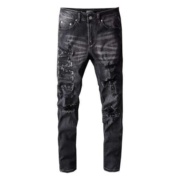 Men's Slim Fit Black Jeans 698 with Comfortable Stretch and Patchwork Details