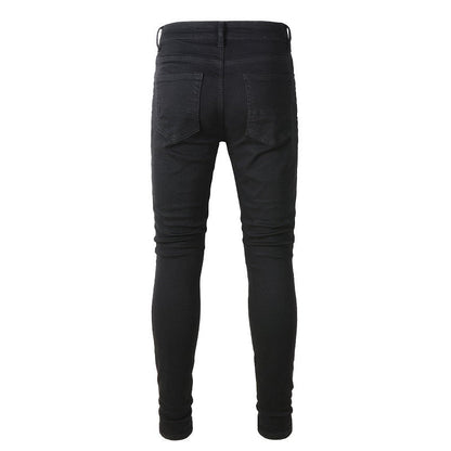 High Street Black Trousers Crumpled Jeans Stretch Men's Slim-Fit Small Foot Jeans 800