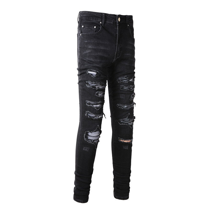 891 Slim Fit Stretch Black Washed Jeans with Versatile Faux Leather Accents