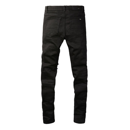 Slim Fit Black Stretch Jeans with Versatile Design and Faux Leather Panels 8607