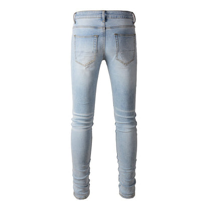 Foreign Trade High Street Denim Casual Trousers Micro-elastic Cotton Youth Blue Ripped Skinny Jeans 808