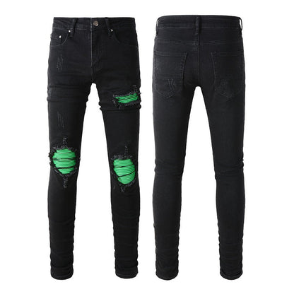 American Street Washing Process Green Patch Jeans Retro Men's Stretch Slim Jeans 8880