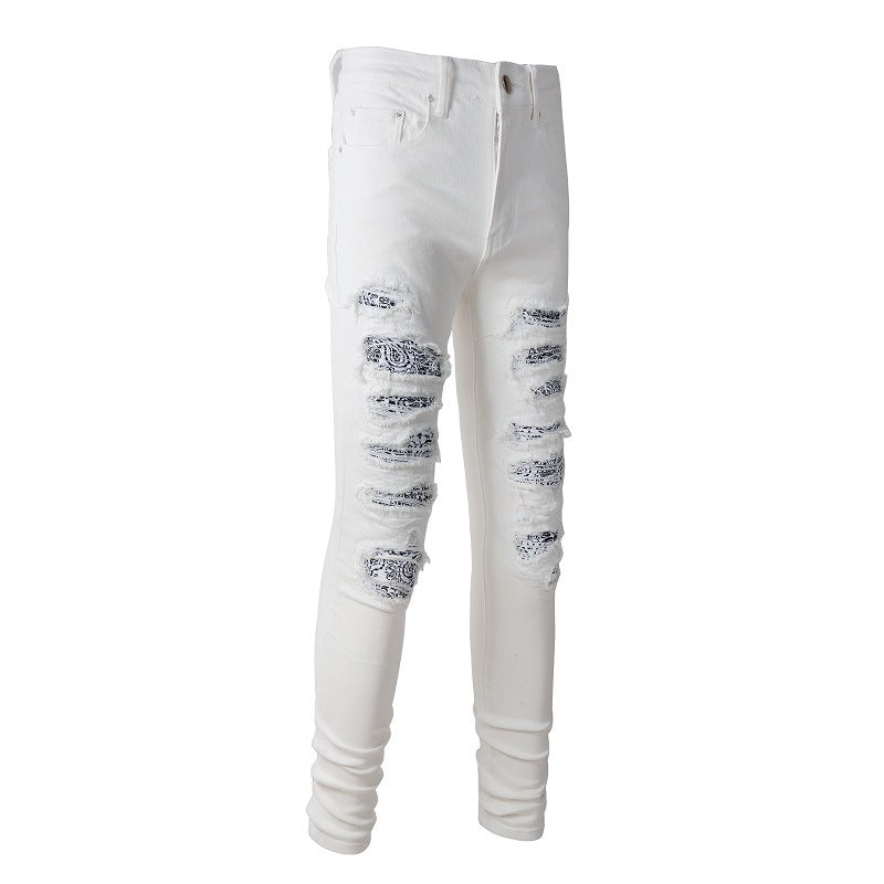 High Street Trendy White Slim-Fit Elastic Ripped Patch Denim Casual Pants #843