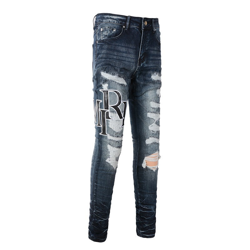 European and American Street Tide Fashion Letter Embroidery Ripped Patch Tide Slim-fit Small Foot Jeans 1324