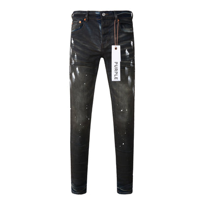 Mens Purple Ripped Jeans - Stylish Slim Fit Black Paint High Street Denim Pants 9036