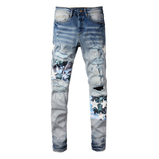 898 High Street Ripped Jeans Men's Patch Splicing Patch Star Stretch Slim Fit Pants