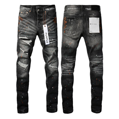 Mens New Black Grey Jeans - Urban Style with Unique Ripped Patches 9018