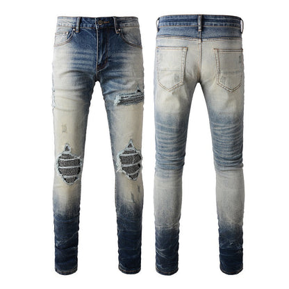 High Street Jeans Trendy Men's Ripped Patch Diamond Beggar Jeans #1331