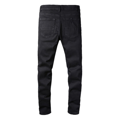 818 Street Denim Casual Trousers Micro-elastic Cotton Youth Black Splashed Paint Skinny Jeans