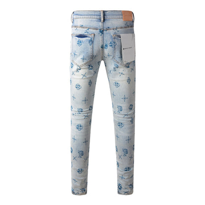 Trendy Blue Denim Pants 9063 with Unique Print Details for a Fashion-Forward Look