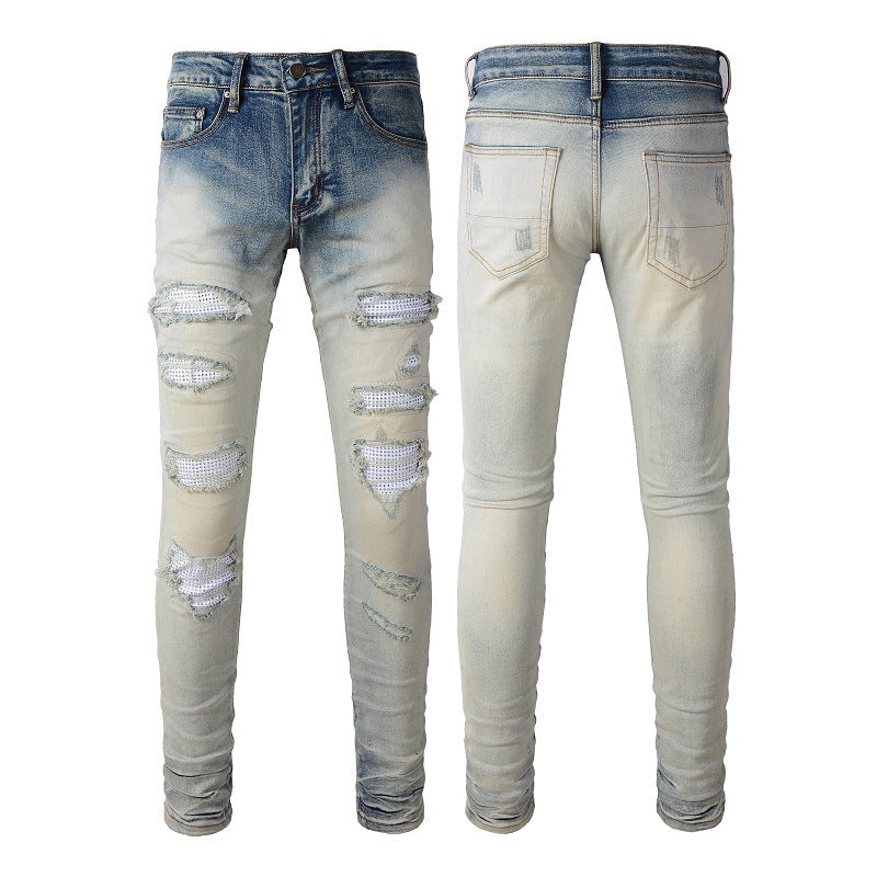 Street Trend Casual Personality Ripped Patch Diamond Slimming Small Foot Jeans #1339