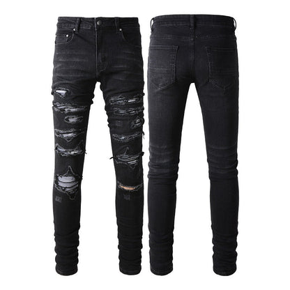 891 Slim Fit Stretch Black Washed Jeans with Versatile Faux Leather Accents