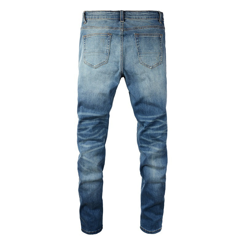 6520 Cross-border Jeans Trendy Brand Retro Pleated Ripped Patch Men's Slim Jeans