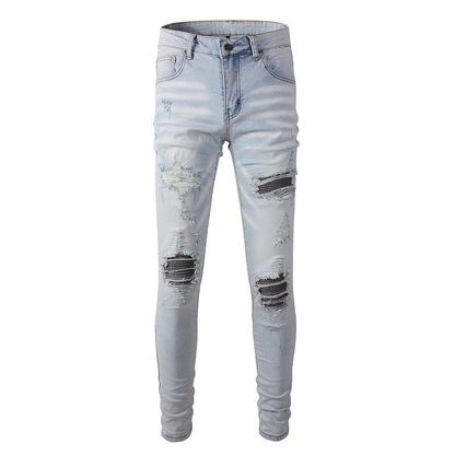 High Street Trend Light Blue Patch Embroidery Flower Patch Slim Fit Ripped Jeans Men