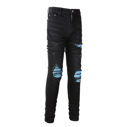 Men's Slim Fit Blue Jeans with Patchwork and Wrinkle Design for Street Style 8870