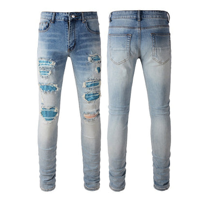 Cross-border Blue Diamond Hot Diamond Jeans Ripped High Street Patch Stretch Slim Jeans