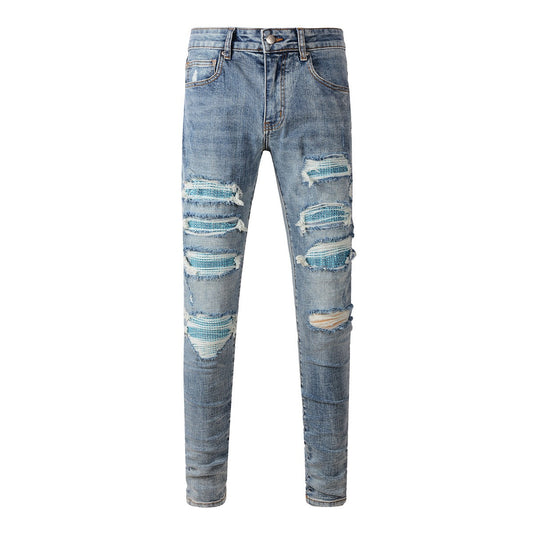 Fashionable Slim Fit Denim with a Washed Effect and Blue Rhinestone Embellishments 8835