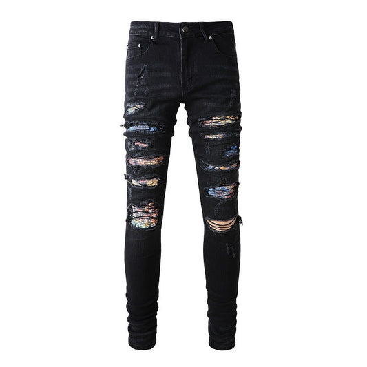 European and American High Street Ripped Patch Jeans Men's Patch Elastic Slim-fitting Pants #875